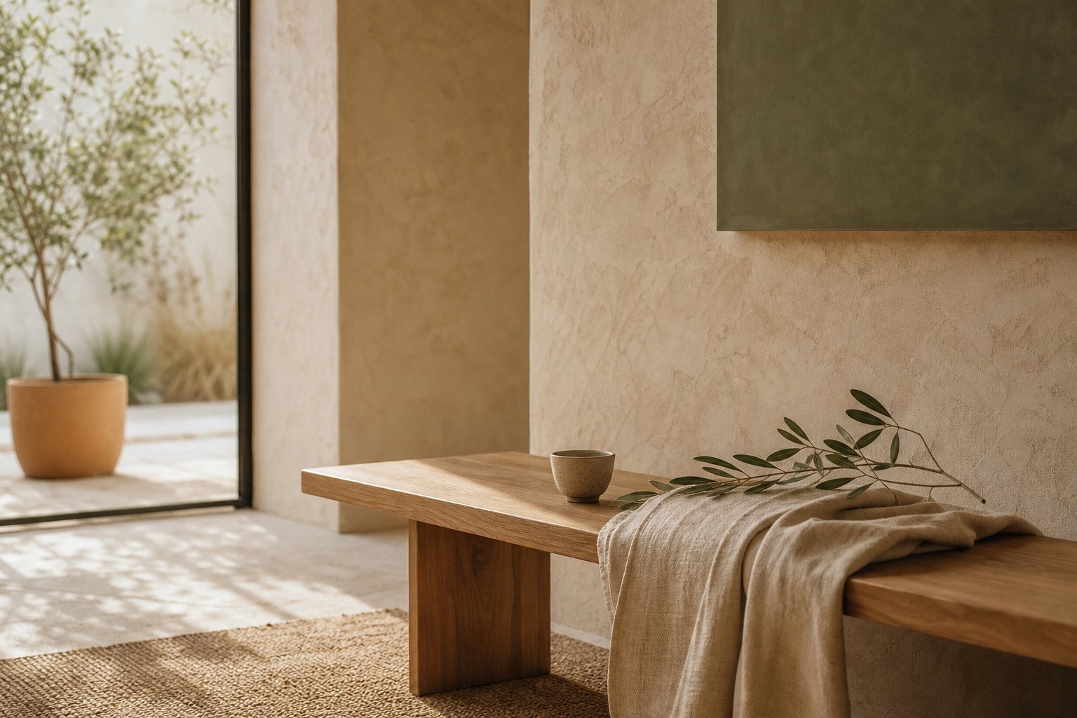 A warm, earth-toned wellness room with natural wood, linen and an herb branch